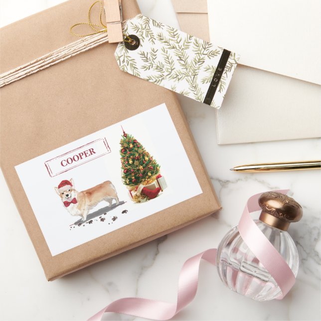Adesivo Retangular Corgi Engraçado Cachorro de Natal com Árvore (Presentear)