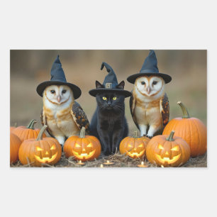 Adesivo Retangular Corujas de Halloween e Gato Preto Jack O Lantern