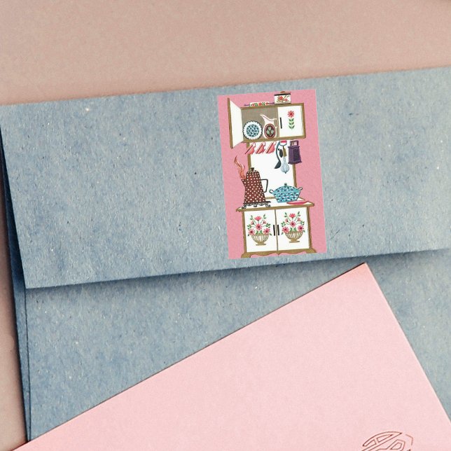 Adesivo Retangular Cozinha Retroativa Vintage com Pote de café (Vintage white kitchen stove with pots pans on pink stickers.)