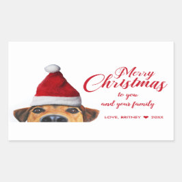 Adesivo Retangular Curioso Cachorro Engraçado com Papai Noel
