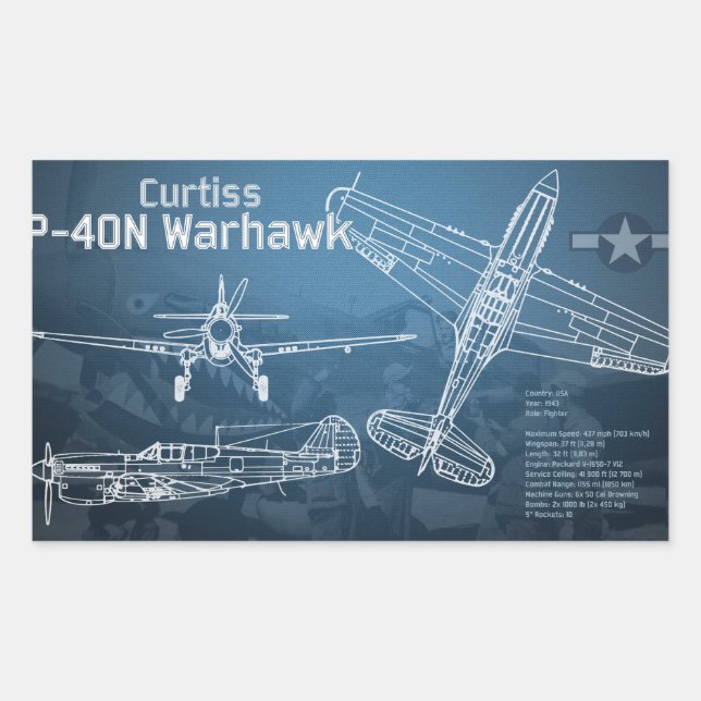Adesivo Retangular Curtiss P-40 Warhawk Blueprint (Frente)
