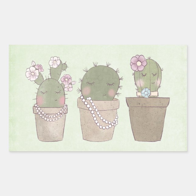 Adesivo Retangular Cute Cactus Trio Vestindo Joias (Frente)