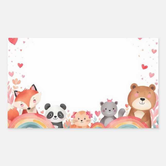 Adesivo Retangular Cute Kids Valentine Stickers | Cartoon Animals (Frente)