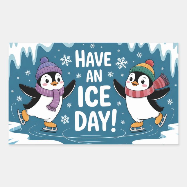 Adesivo Retangular Cute Penguins Ice Skating Cartoon, Have an Ice Day (Frente)