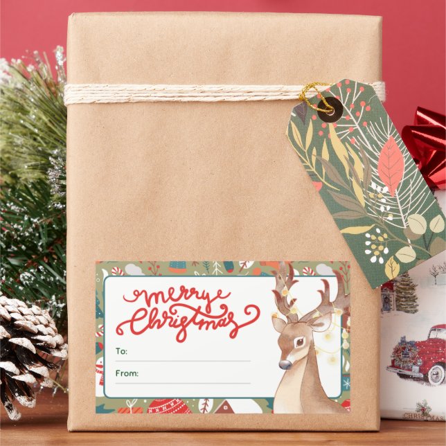 Adesivo Retangular Cute Reindeer Merry Christmas Lights  (Feriado)