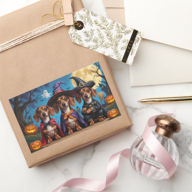 Adesivo Retangular Dachshund Dogs Pumpkin Halloween Engraçado (Presentear)