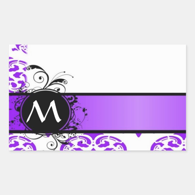 Adesivo Retangular Damasco roxo e monograma (Frente)