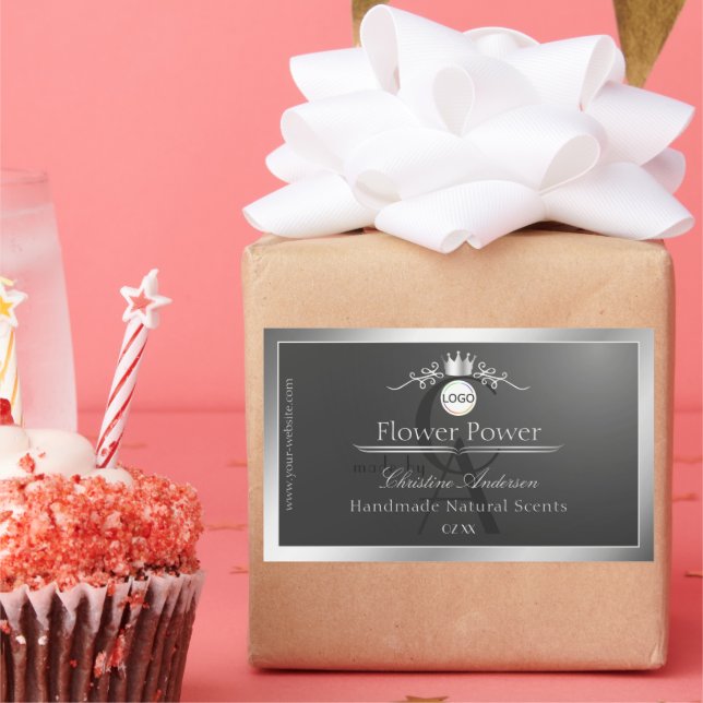 Adesivo Retangular Dark Gray Product Label Silver Frame Logo Monogram (Festa)