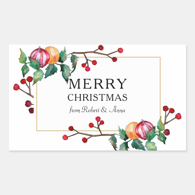 Adesivo Retangular decoração de Natal feliz e moldura de ouro de baga (Frente)