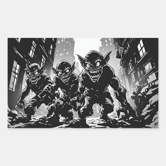 Adesivo Retangular Demônios Goblin Cidade Abandonada BW Estilo de Qua (Frente)