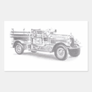 Adesivo Retangular desenho a lápis de caminhão de bombeiros vintage