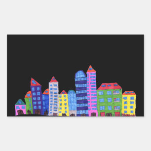 Adesivo Retangular desenho animado da cidade crianças desenho de arte
