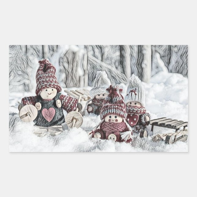 Adesivo Retangular Desenho Vintage de Gnomos na Neve (Frente)