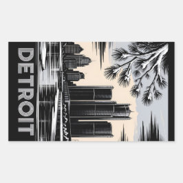 Adesivo Retangular Detroit Skyline Black and White Woodcut Winter