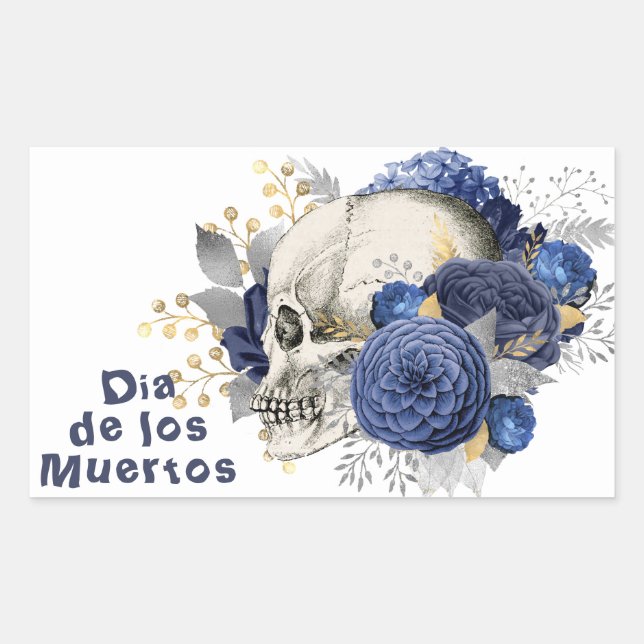 Adesivo Retangular Dia de los Muertos Blue Floral Skull (Frente)