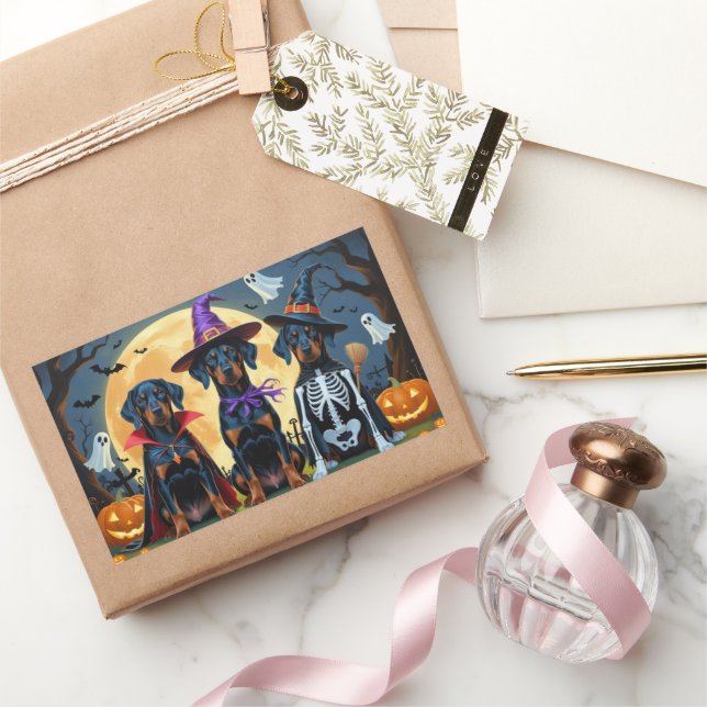 Adesivo Retangular Doberman Dogs Pumpkin Halloween Engraçado (Presentear)