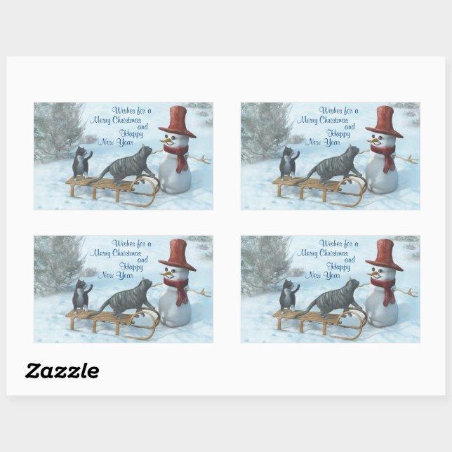 Adesivo Retangular Dois gatos e um boneco de neve (Folha)