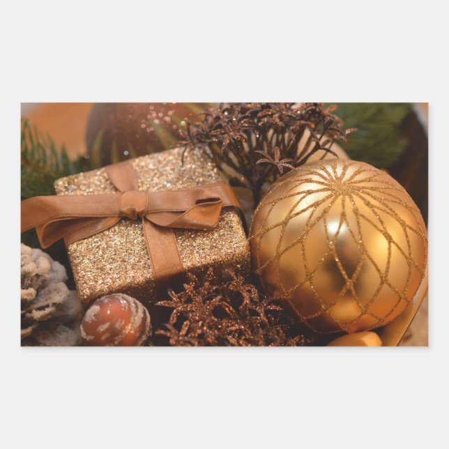 Adesivo Retangular Dourado Bauble e Presente de Natal (Frente)