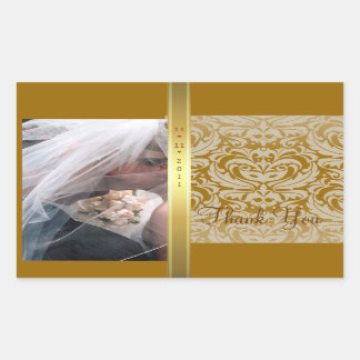 Adesivo Retangular Dourado Damask Obrigado Photo Wedker Sticker