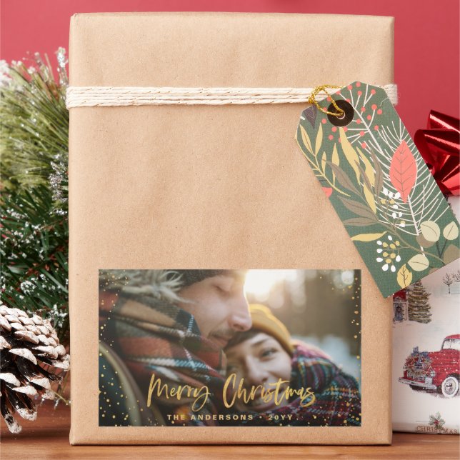 Adesivo Retangular Dourado roteiro feliz estrelas de Natal elegante (Feriado)