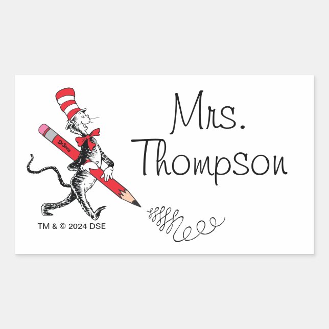 Adesivo Retangular Dr. Seuss | Gato em nome escrito do Chapéu (Frente)