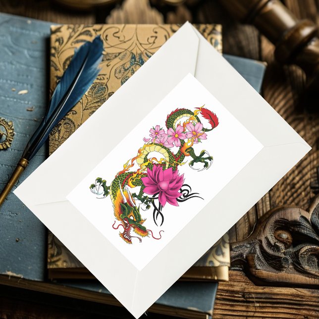 Adesivo Retangular Dragão chinês Lotus Cherry Blossoms (Criador carregado)