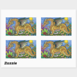 ADESIVO RETANGULAR DRAGÃO MEDIEVAL E JARDIM DE ARTE FOLK JOVEM E COLO