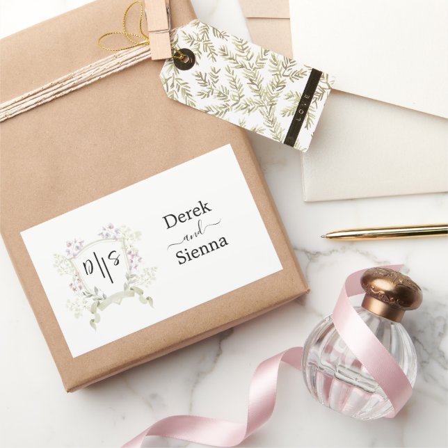 Adesivo Retangular Dusky Wildflower Monograma Crest Casamento (Presentear)