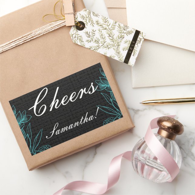 Adesivo Retangular Elegante Cheers Name Black Floral (Presentear)