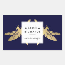Adesivo Retangular Elegante Faux Dourada Dragonfly Duo em Marinho Esc