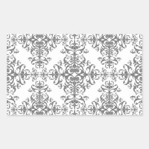 Adesivo Retangular Elegante Floral Damask Vitoriano em Cinza e Branco