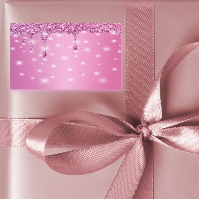 Adesivo Retangular Elegante Gotejamento Brilhante Rosa Quente (Hot pink glitter drip bachelorette sticker — perfect for favors, gift bags, or party decor)