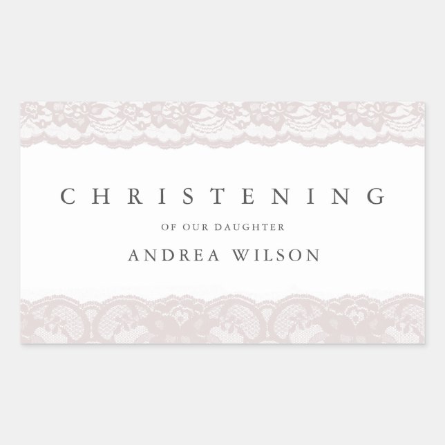 Adesivo Retangular Elegante Lace Rosa, a favor do batismo de Christen (Frente)