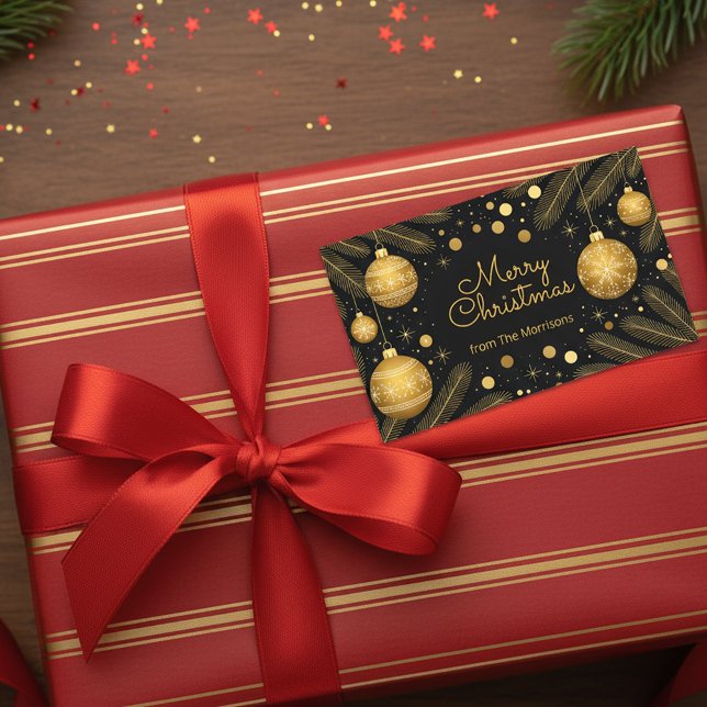 Adesivo Retangular Elegante Preto Festivo e Dourado Feliz Natal (Criador carregado)