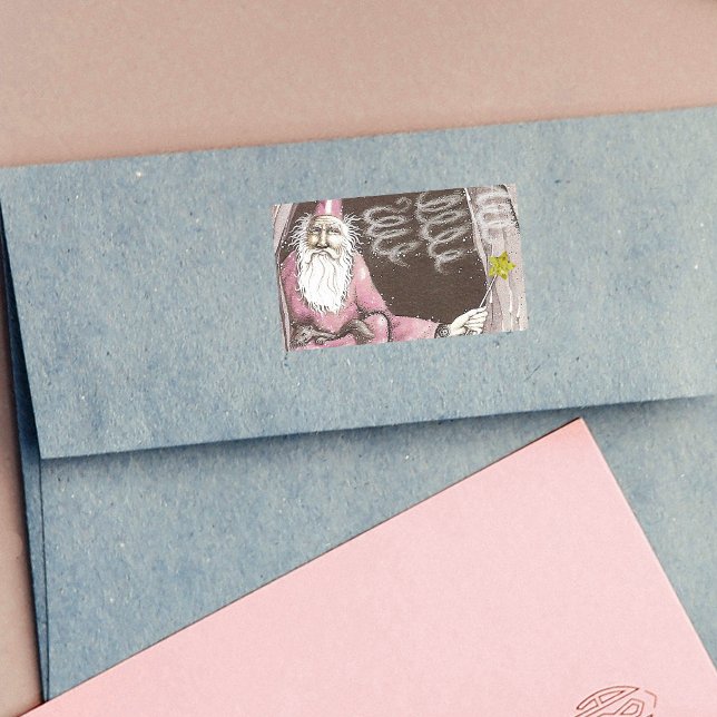 Adesivo Retangular Elf Magic Wand Star (Old wizard in pink robe with ferret star wand in cave on rectangle stickers.)