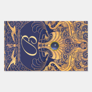 Adesivo Retangular Embarcação Antica,Golfinhos,Dourado,Monograma Azul