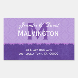 Adesivo Retangular Endereço Monograma do Damasco Roxo e Casamento de 