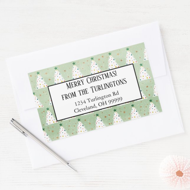 Adesivo Retangular Endereço Verde das Árvores Xmas Brancas Decoradas (Envelope)