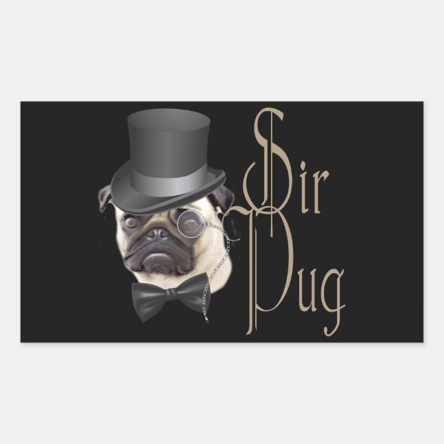 Adesivo Retangular Engraçado, Grande Chapéu Monóculo Sir Pug Dog (Frente)
