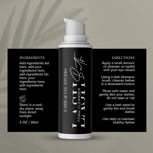 Adesivo Retangular Enrolamento Minimizado do Limpador de Espuma Preta (Lash bath bottle wrap around label with ingredients and directions)