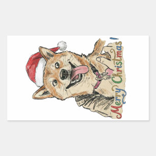 Adesivo Retangular Esboço Rústico Vintage de Shiba Inu Natal Cachorro