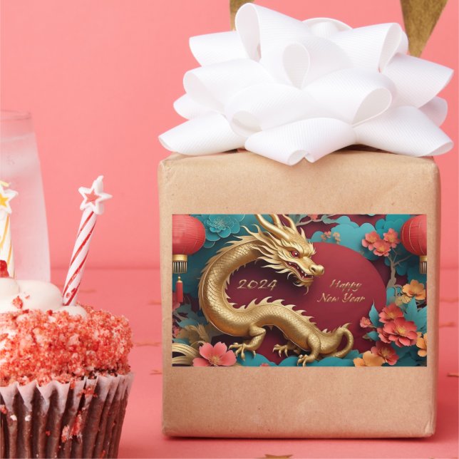 Adesivo Retangular Espetáculo de Dragão ouro Chinês Ano Novo (Festa)