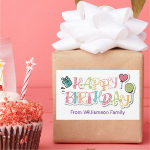 Adesivo Retangular Estilo Colorido de Desenhos, Feliz Aniversário