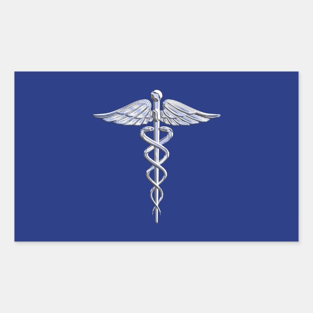 Adesivo Retangular Estilo Cromo Símbolo Médico de Caduceus no Azul Ma (Frente)