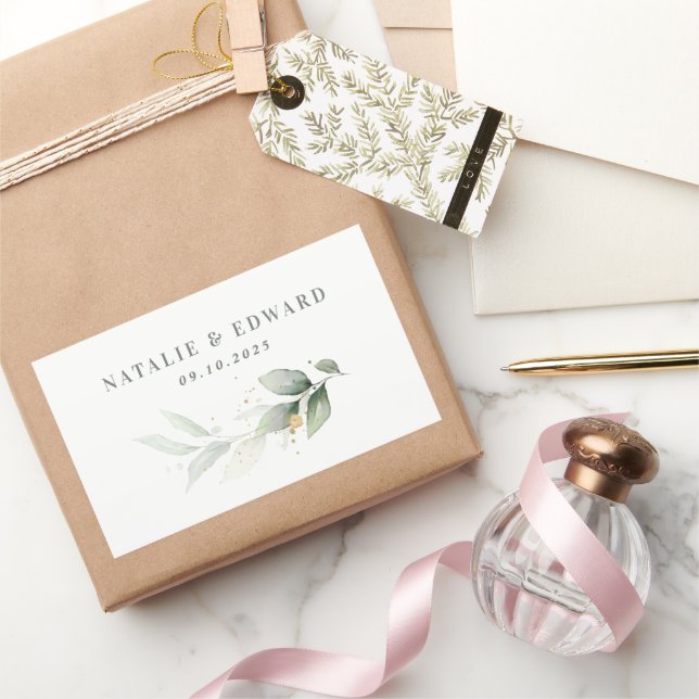 Adesivo Retangular Eucalyptus sage green gold favor para o casamento (Presentear)
