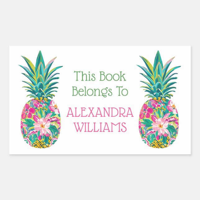 Adesivo Retangular Ex-libris Floral Rosa e Verde Tropical Abacaxi (Frente)