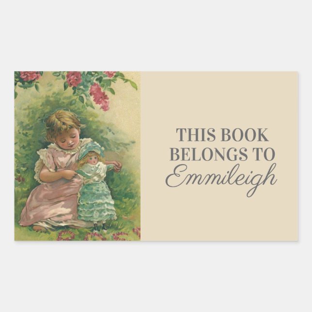 Adesivo Retangular Ex-libris Menina Antiga com Boneca de Bebê (Frente)