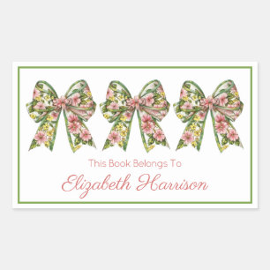 Adesivo Retangular Ex-libris Personalizado Floral Rosa e Verde