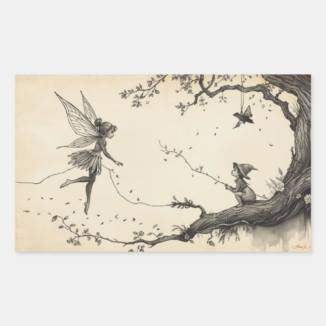 Adesivo Retangular Fairy Tale–Themed Black and White Painting Images  (Frente)