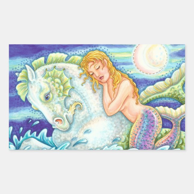 ADESIVO RETANGULAR FANTASIA FANTASY MERMAID RIDING MERHORSE, SEAHORSE (Frente)